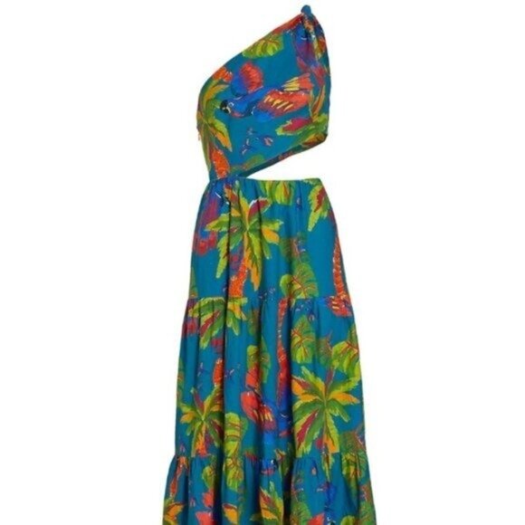 Farm Rio “Sunny Day” One‑Shoulder Maxi Dress – Tropical Cut‑Out Tiered Size M - Picture 5 of 16